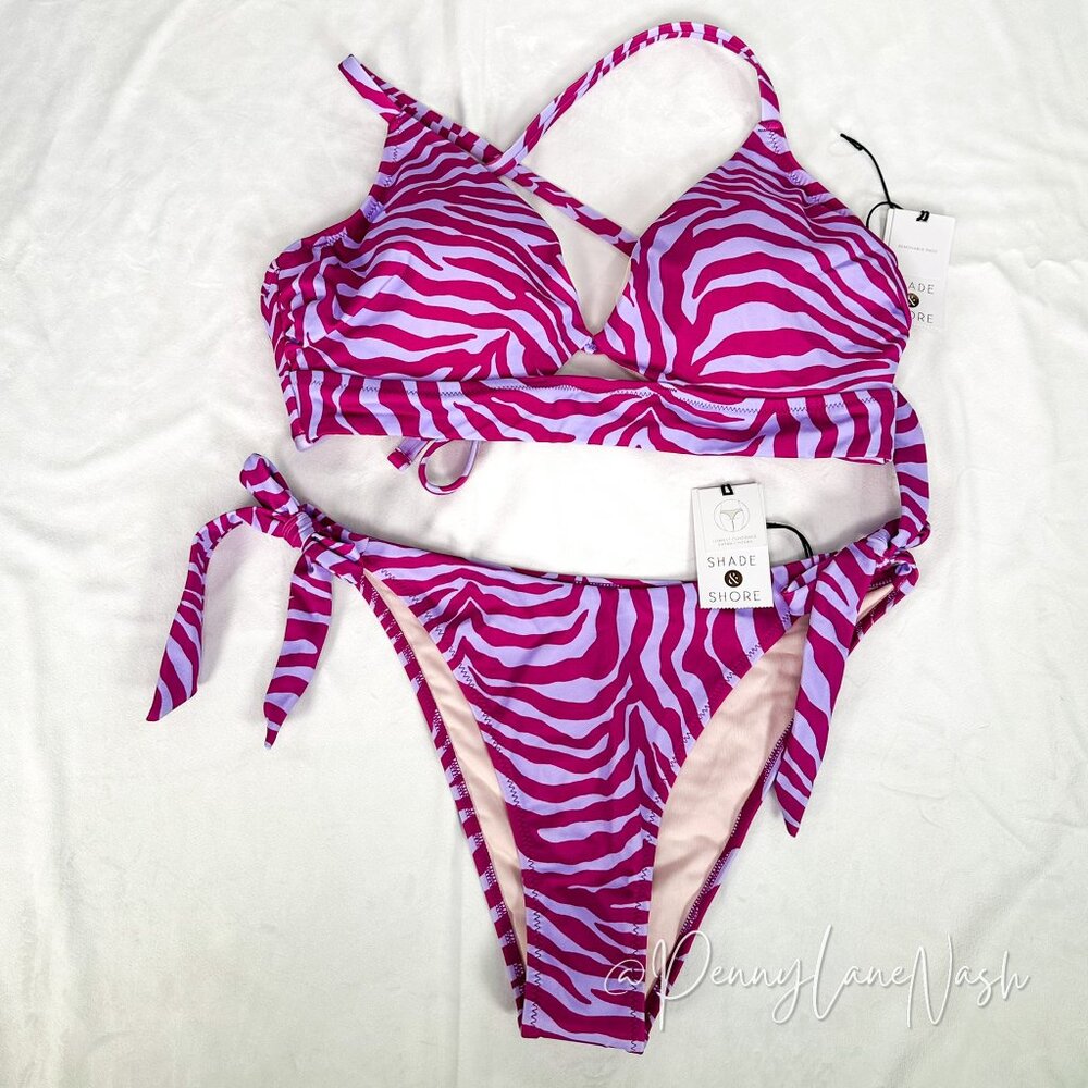 Shade & Shore Zebra Print Bikini Top & Cheeky Ide-Tie Bottom Set Pink Blossom - Picture 2 of 14